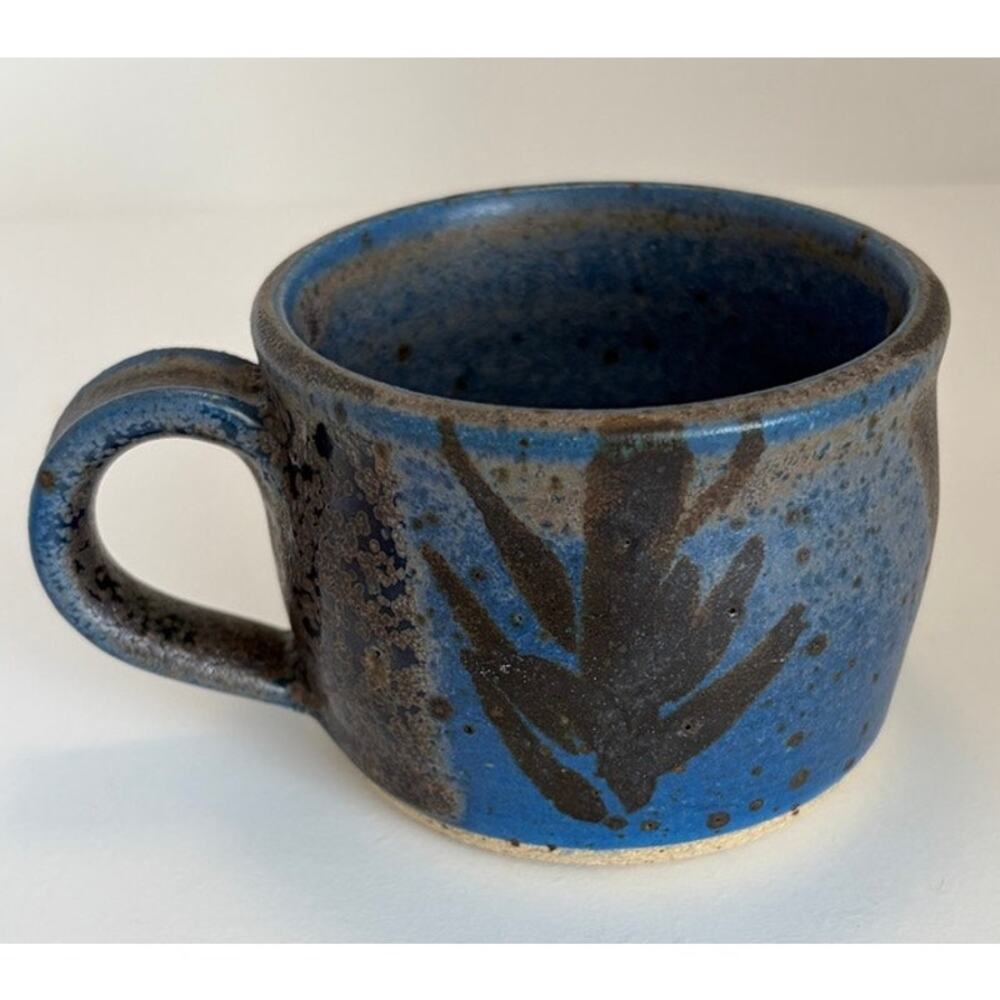 Studio Art Pottery Ceramic Mug, blue and brown glaze, signed
